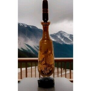 Bohemian Amber Glass Decanter 24K Gilt Rose Design Liqueurs Circa 1950-60